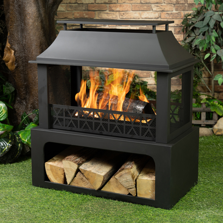Deko Living 36 Inch Rectangular Outdoor Steel Wood Burning Fireplace with Log Storage COB10511